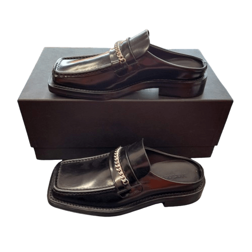 Martine Rose Square Toe Mule, Size 37, Black High Shine Leather, Silver Chain Accent, Excellent Condition With Box And Dustbag