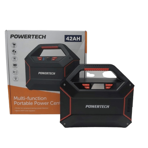 POWERTECH Portable Power Centre 42Ah – 155Wh Li-ion, 100W Inverter, USB/USB-C/DC – Black, In Box w/ Car Power Supply