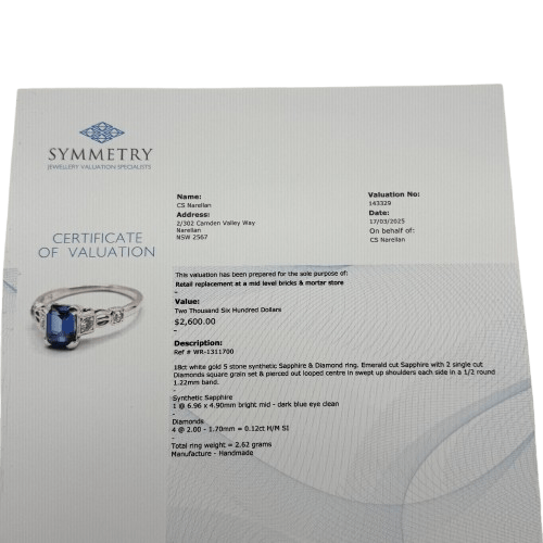 Ladies 18ct White Gold 5 Stone Synthetic Sapphire & Diamond Ring 0.12ct TDW K 5 1/2 With Valuation (WR 1311700)