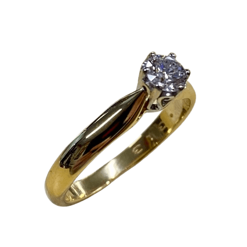 Ladies 18ct White & Yellow Gold Stone Diamond Ring. Single Round Brilliant Cut White Gold 6 Claw Set With Tapered Scroll Pierced Out Collet With Pointed Swept Up Shoulders. TDW 0.31ct. Size M/6.5, With Valuation Certificate (NG 99365)