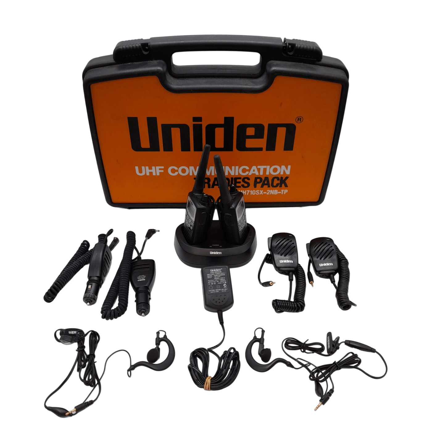 Uniden UH710SX-2NB-TP Tradies Pack + Dual Charger + 2 Handsets + 2 Ear Pieces + 12v Car Charger + Case