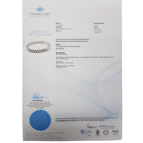 Ladies 18ct White Gold Round Brilliant Cut Claw Set Diamond Band 0.32ct TDW M With Valuation