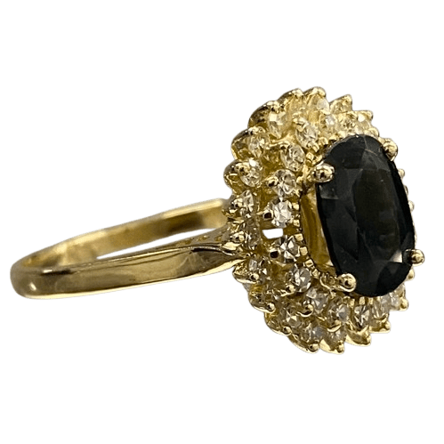 Ladies 18ct Yellow Gold 1.85ct Oval Dark Blue Australian Sapphire Ring, With 40 Single Cut Diamond Cluster Ring, TDW 0.91ct & 1.85ct Sapphire, Size S,  With Valuation Certificate