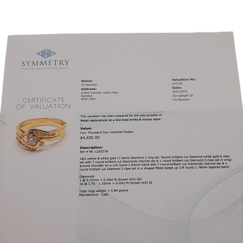 Ladies 18ct Yellow & White Gold 17 Stone Diamonds 2 Ring Set 0.40ct TDW O 7 1/2 With Valuation