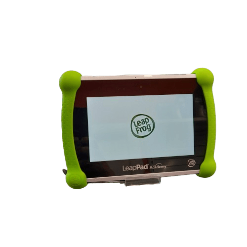 LeapFrog LeapPad Academy Kids Tablet, White, With Green Silicon Cover (Missing Stand), Scratches On Screen, End Of Stylus Worn (GE)