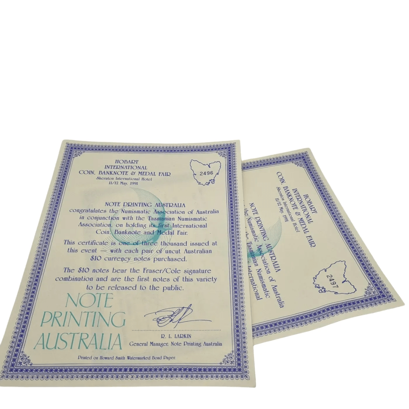 Australian Bank Notes – Uncut Blue $10 notes x 2 (Fraser/Cole, 1991 issue) + Certificate (WR 1346910)