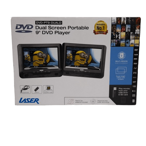 Laser LASER-PT9-DUALD 9″ Portable Dual-Screen DVD Player in Box No Remote (MR)