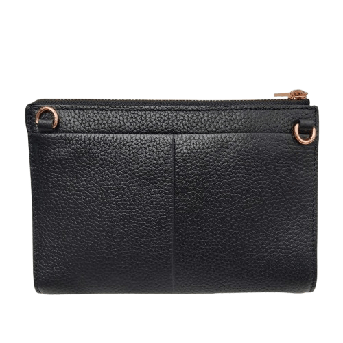Mimco Everly Black Rose Gold Pouch – Leather Pouch with Rose Gold Hardware and Zip Closure