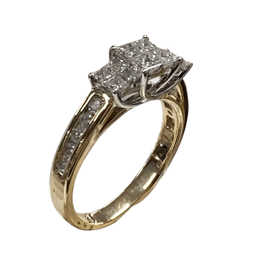 Ladies 14ct Yellow Gold, 4 Princess Cut Diamonds Invisible Set With 4 White Gold Princess Cut Invisible Set Each Side And 5 Round Brilliant Channel Set In Shoulders Each Side. TDW 1.00ct, Size L. With Valuation Certificate.