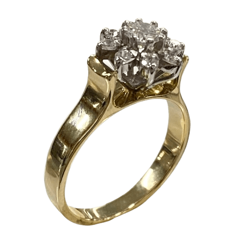 Ladies 18ct Yellow & White Gold Diamond Cluster. Round Brilliant Cut Claw Set Diamond, Surrounded by 8 Round Brilliant Cut, White Gold Claw Set Diamonds. TDW 0.50ct. Size M . With Valuation Certificate.