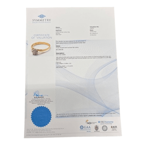 Ladies 18ct Yellow Gold Single Stone Diamond Ring. Round Brilliant Cut Surrounded 6 Claw Wire Tapered Collect Set On a Yellow Gold Under Rail With Pointed Cross Over Swept Up Shoulders. TDW 0.39ct. Size L/5.5, With Valuation Certificate – (NG 102862)