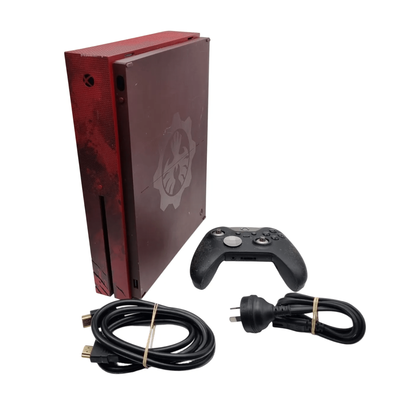 Microsoft Xbox One S – All‑Digital Edition (Model 1681, Crimson Red)+ Power Cable+ HDMI Cable+ Controller (controller missing back) (WR 1351343)