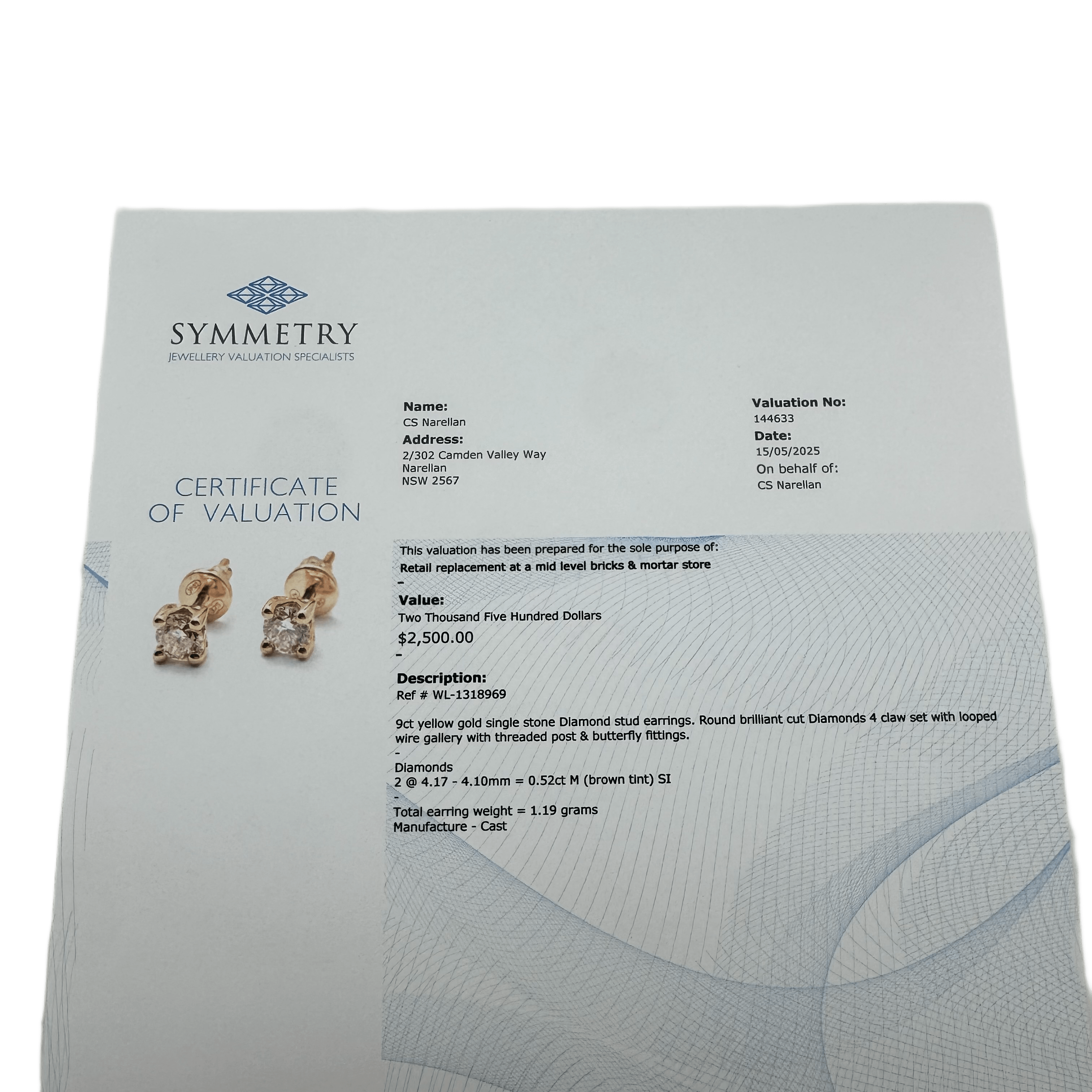 Ladies 9ct Yellow Gold Single Stone Diamond Stud Earrings 0.52ct TDW with Valuation – WL 1318969