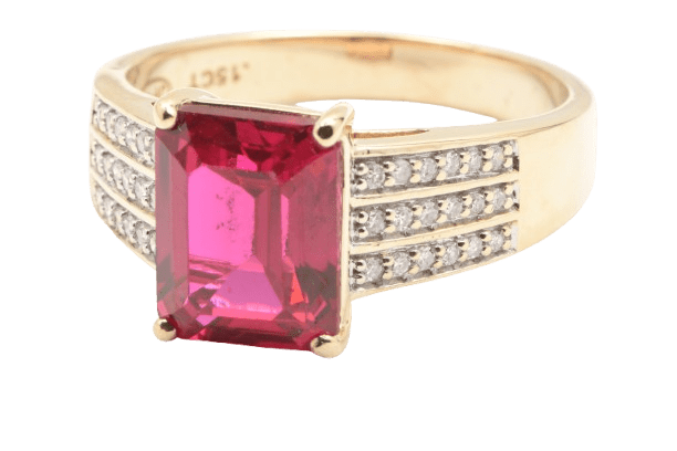 Ladies 9ct Yellow Gold 37 Stone Synthetic Ruby And Diamond Tapered Band Size R,59 With Valuation