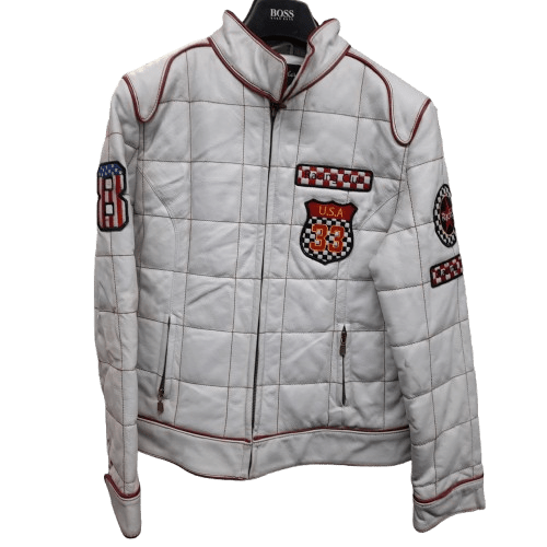Marcia Leather Jacket White Racing Jacket Size XL