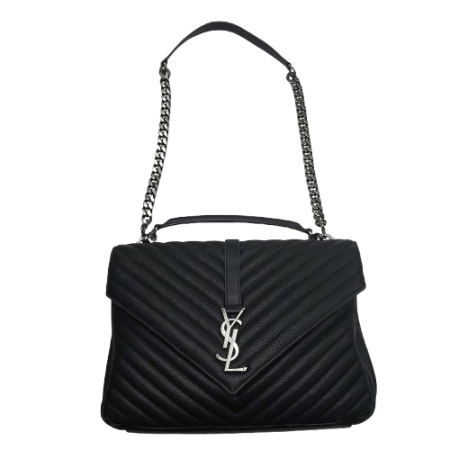 Yves Saint Laurent College Medium Satchel in Quilted Lambskin Leather – Black with Patina Silver Hardware (Includes Box & Dust Bag)