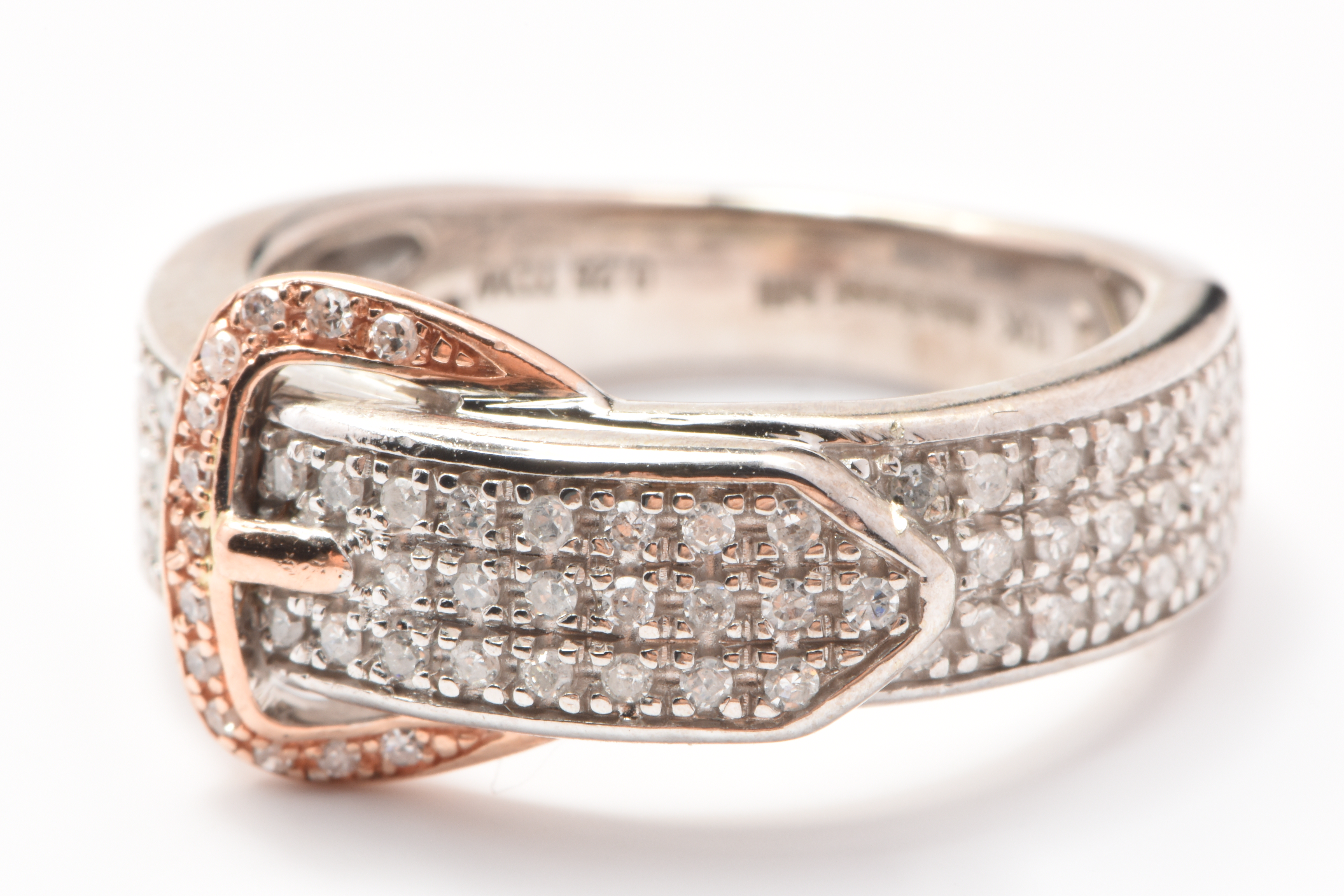 Ladies 10ct White & Rose Gold 57 Stone Diamond Belt Buckle Ring J 5 with Valuation – WL 1324698