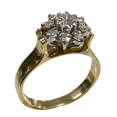 Ladies 18ct Yellow & White Gold Diamond Cluster. Round Brilliant Cut Claw Set Diamond, Surrounded by 8 Round Brilliant Cut, White Gold Claw Set Diamonds. TDW 0.50ct. Size M . With Valuation Certificate.