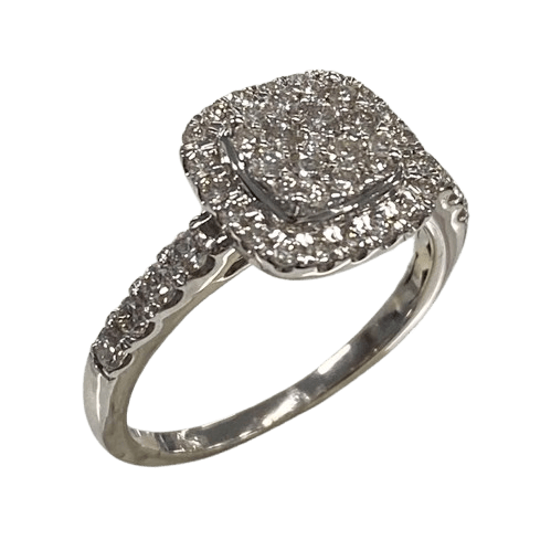 Ladies 18ct White Gold Diamond Cluster with 29 Stone. 17 Round Brilliant Cut Diamonds in Squared Shared Claw Settings, Surrounded by 20 Round Brilliant Cut Claw Set with 4 Round Brilliant Cut Claw Set in Shoulders, With 14 Round Brilliant Cut Diamonds In Claw Set Fitted Band. TDW 1.00ct. Size O. With Valuation Certificate.