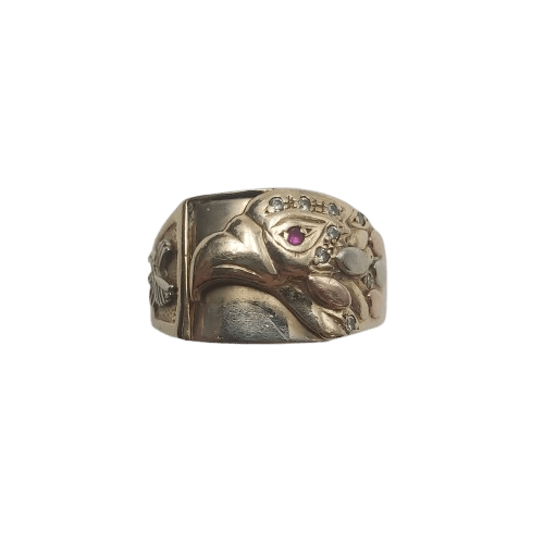 Men’s 10ct Yellow Gold Round Ring 12.3g with Clear and Ruby Stones, Eagle Design
