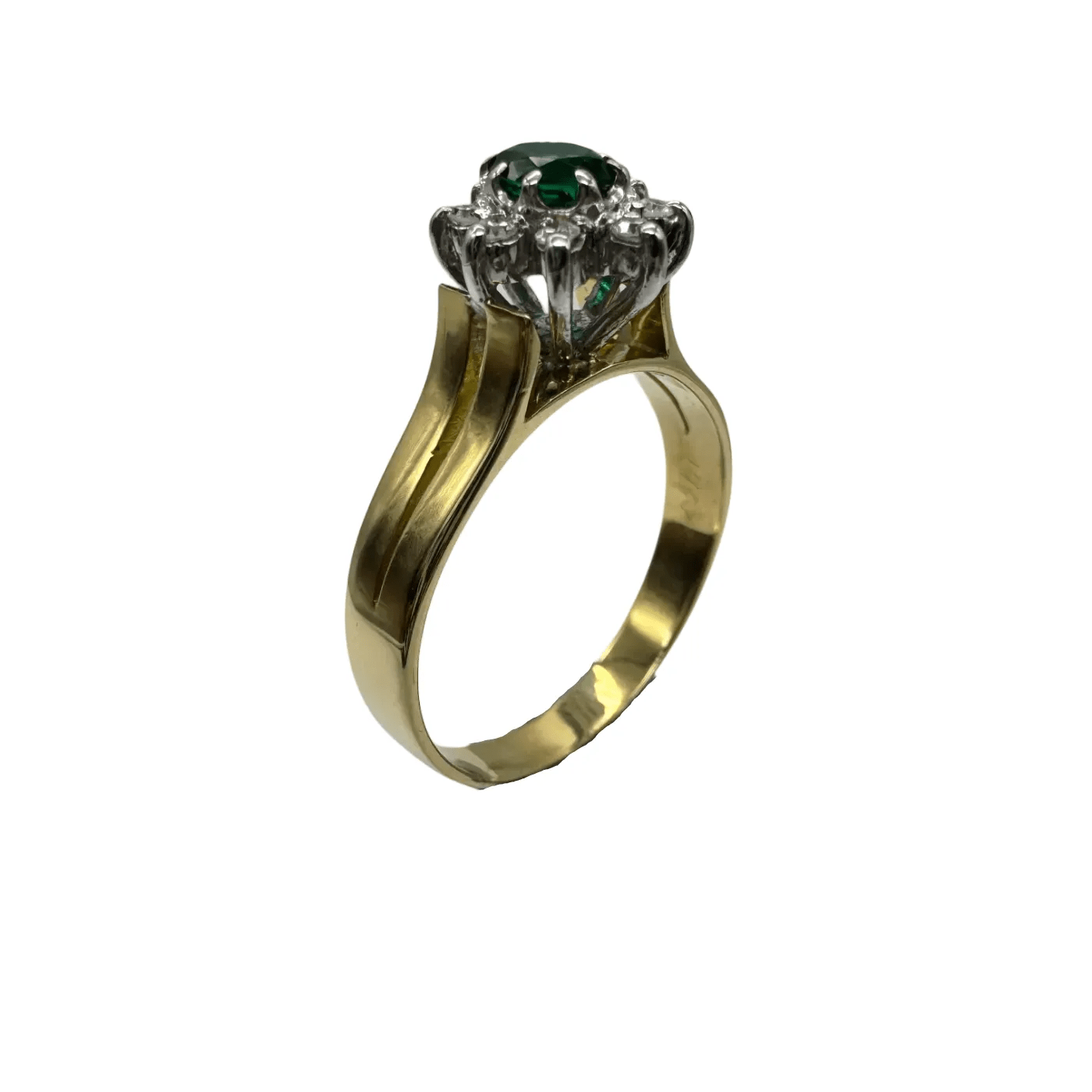 Ladies 18ct Yellow & White Gold 9 Stone Synthetic Emerald & Diamond Cluster Ring 0.12ct TDW S 9 1/2 With Valuation (WR 1306611)