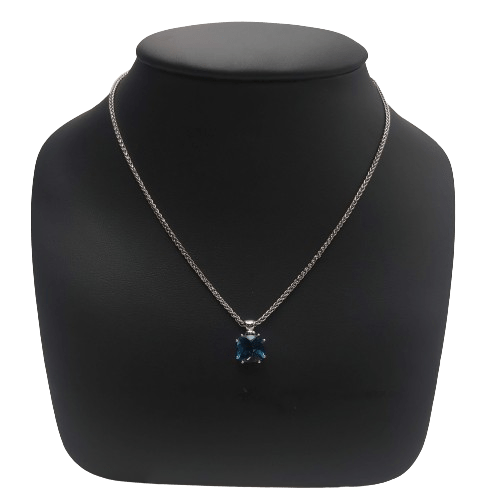 9ct White Gold Foxtail Necklace with London Blue Topaz Pendant