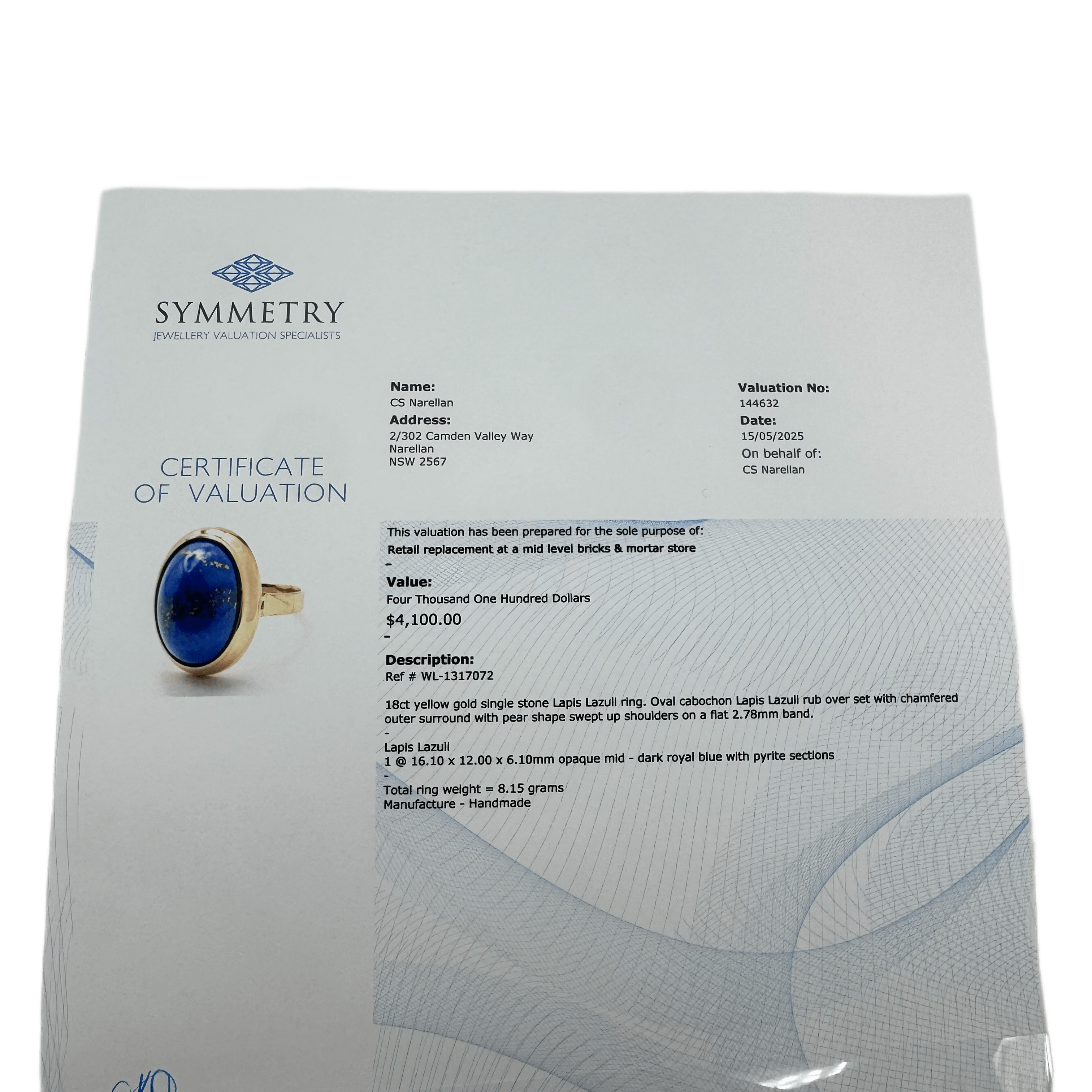 Ladies 18ct Yellow Gold Single Lapis Lazuli Ring O 1/2 7 1/2 with Valuation – WL 1317072