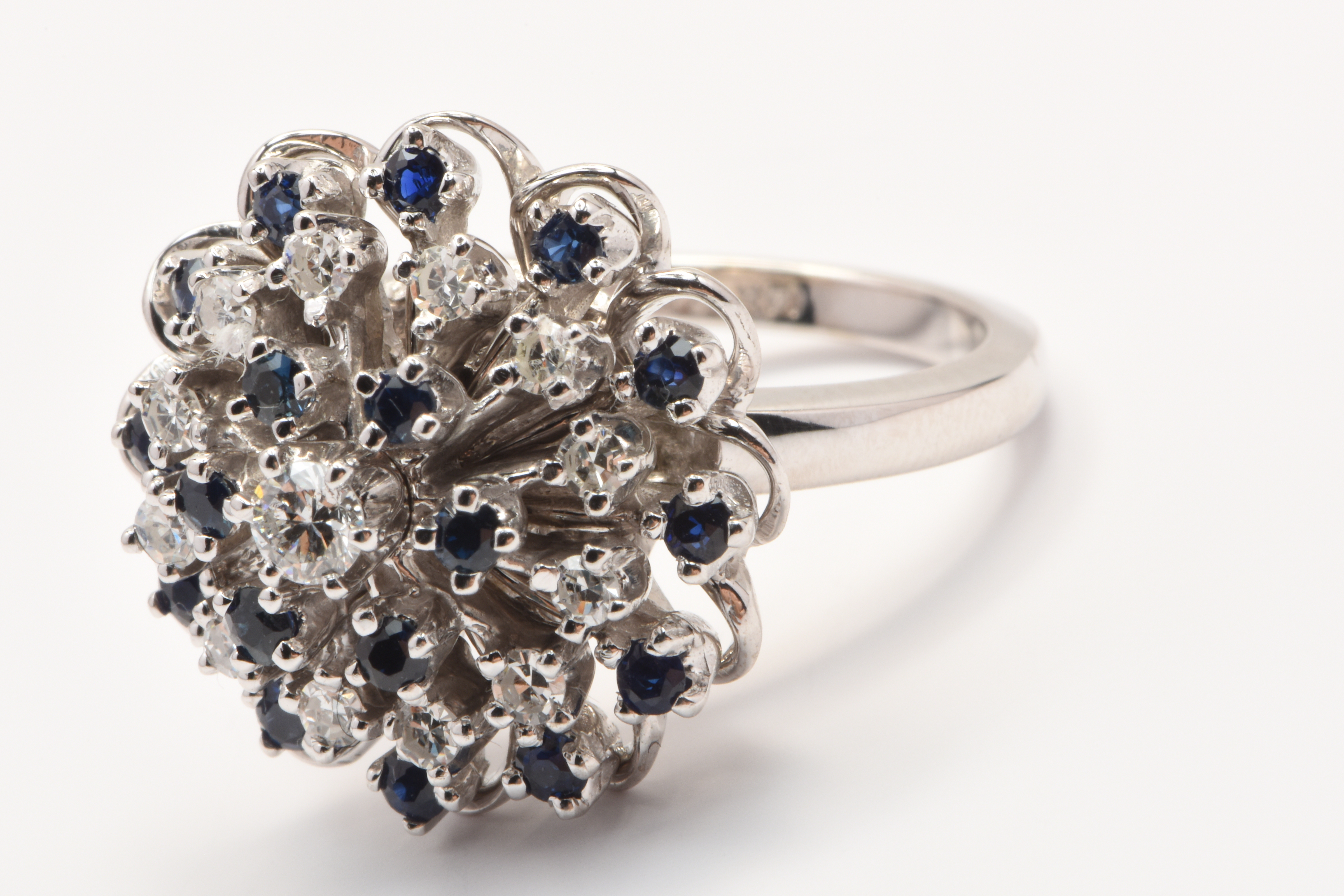 Ladies 9ct White Gold 31 Stone Diamond & Sapphire Cluster Ring TDW 0.42ct Size L With Valuation Certificate