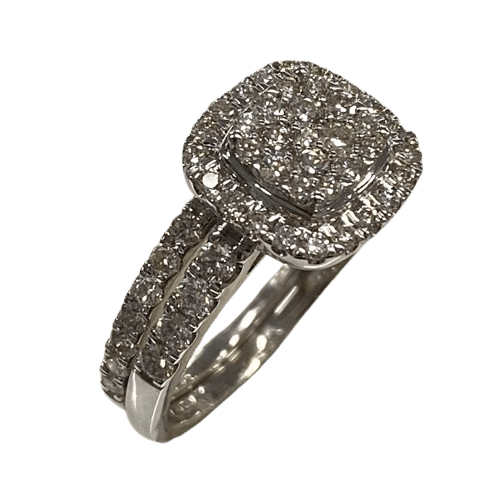 Ladies 18ct White Gold Diamond Cluster with 29 Stone. 17 Round Brilliant Cut Diamonds in Squared Shared Claw Settings, Surrounded by 20 Round Brilliant Cut Claw Set with 4 Round Brilliant Cut Claw Set in Shoulders, With 14 Round Brilliant Cut Diamonds In Claw Set Fitted Band. TDW 1.00ct. Size O. With Valuation Certificate.