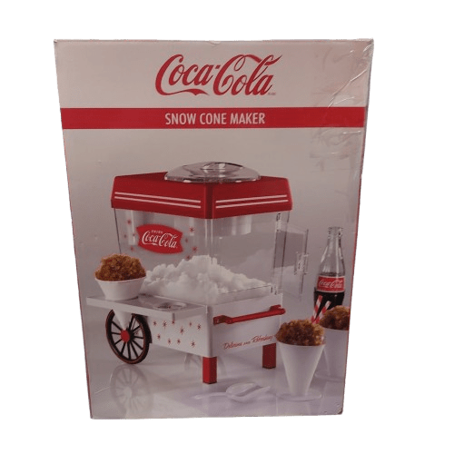 Nostalgia Coca-Cola Snow Cone Maker, Red + White, USA PLUG 110V With 2x Snowcone Holders, Scoop, Side Tray, Box