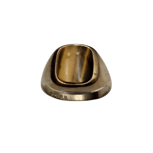 Men’s 9CT Yellow Gold Signet Ring – 4.3g with 1.2x1cm Tigers Eye, Burnish Set, Size 60