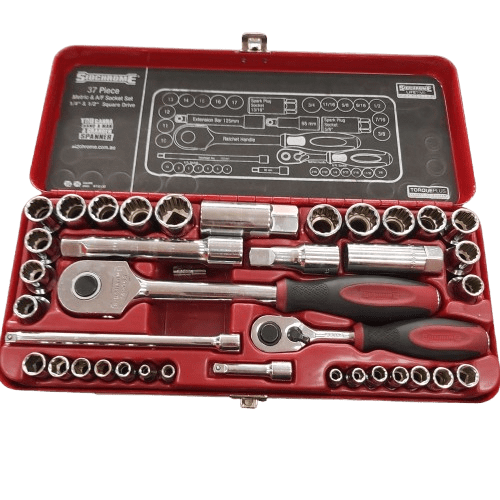 Sidchrome 37 Piece 1/4” And 1/2” Drive Met/AF Socket Set With Red Storage Case