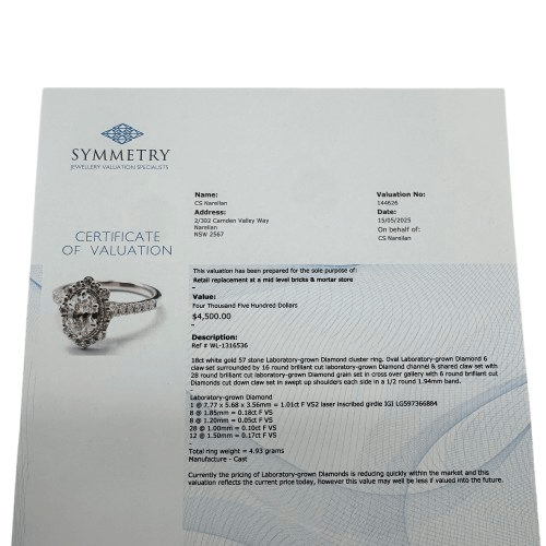 Ladies 18ct White Gold 57 Lab Grown Diamond Cluster Ring 1.51ct TLDW M 6 1/4 with Valuation – WL 1316536