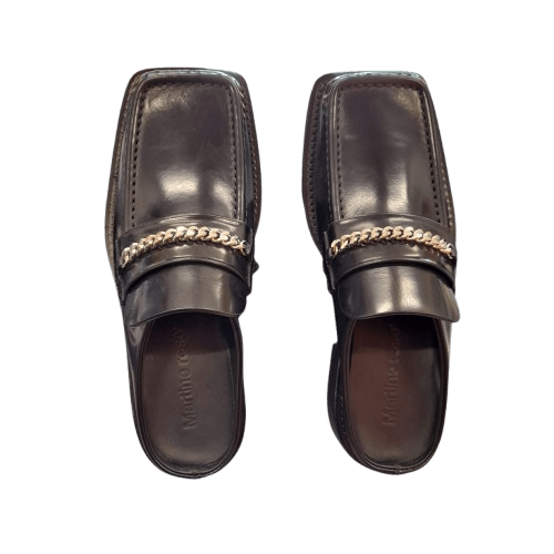 Martine Rose Square Toe Mule, Size 37, Black High Shine Leather, Silver Chain Accent, Excellent Condition With Box And Dustbag