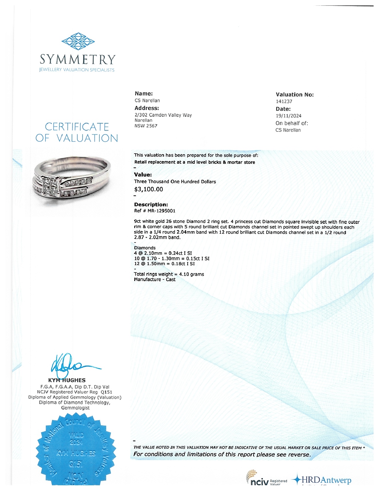Ladies 9ct White Gold 26 Stone Diamond 2 Ring Set Princess Cut Invisible Setting TDW 0.57ct Size N 1/2 With Valuation