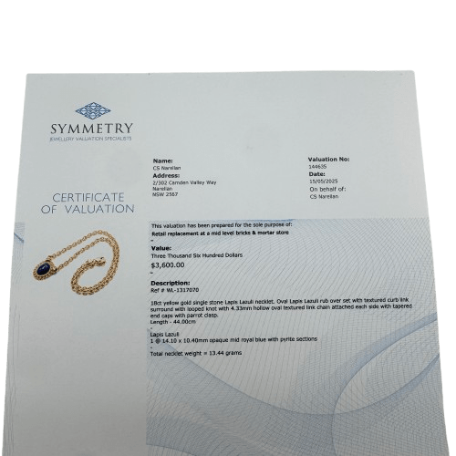 Ladies 18ct Yellow Gold Single Stone Lapis Lazuli Necklet 44cm with Valuation – WL 1317070