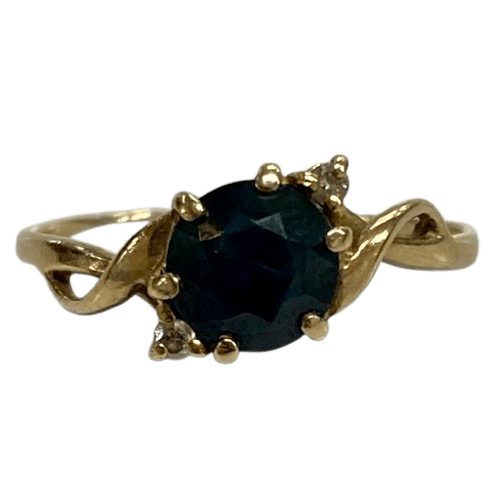 Ladies 9ct Yellow Gold Accent Ring Crossover Detailing with Blue Centre Sone. Size 6