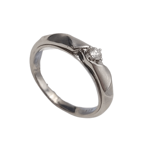 18ct White Gold Single Round Brilliant Cut Diamond Ring, Brushed Zigzag Band, 0.08ct TDW, Size N – With Valuation