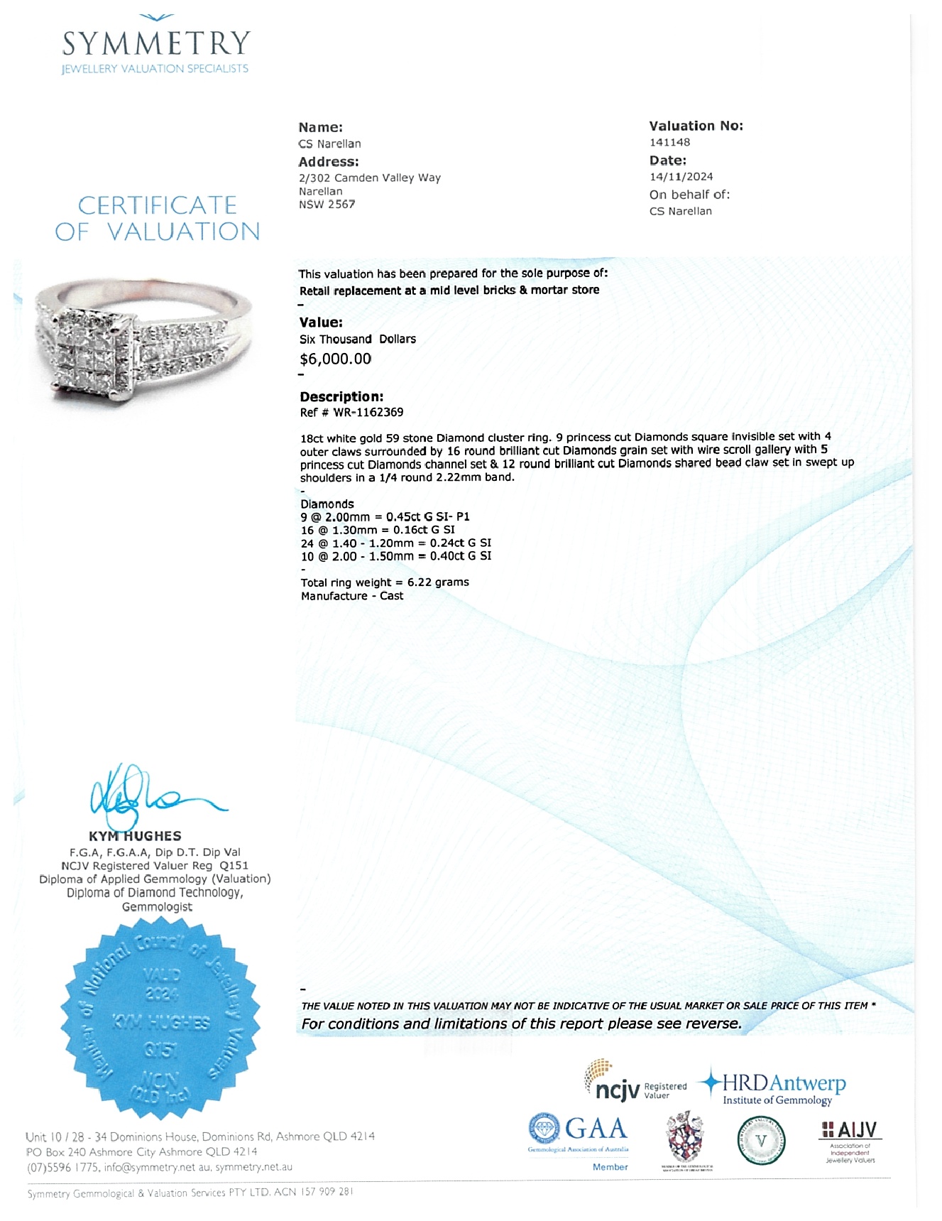 Ladies 18ct White Gold 59 Diamond Cluster Ring 1.25ct TDW Size N