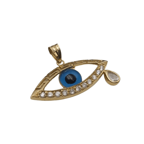 18ct Yellow Gold Evil Eye Pendant – 6.3g – Clear Stones – Approx. 4cm Wide x 1.5cm Tall (Excl. Bail)