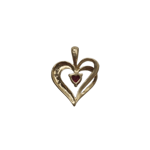 9ct Yellow Gold Heart Pendant – 1.33g – Red Heart Stone & 3x 0.01ct Clear Stones