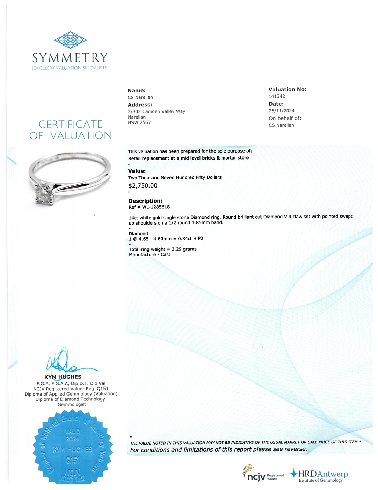 Ladies 14ct White Gold Round Brillant Cut Diamond 0.34ct Size N1/2