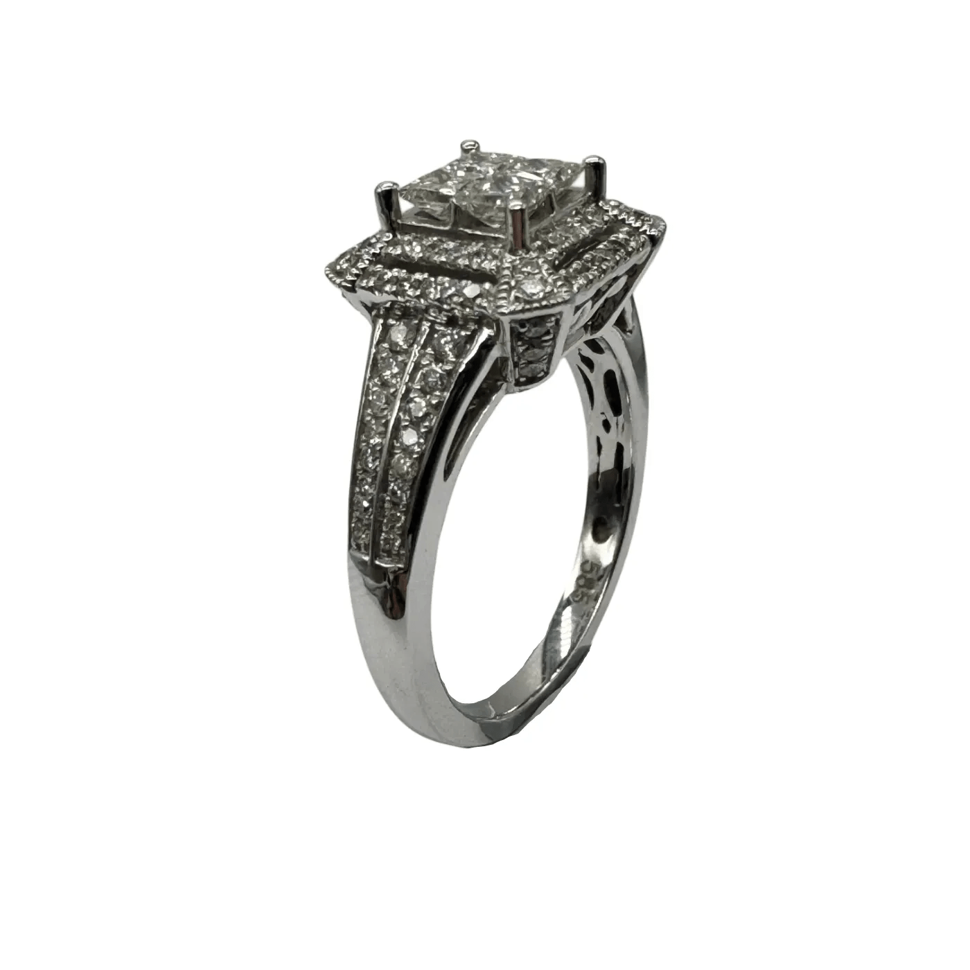 Ladies 14ct White Gold 92 Princess & Round Brilliant Stone Diamond Cluster Ring N 7 With Valuation (WR 1266616)