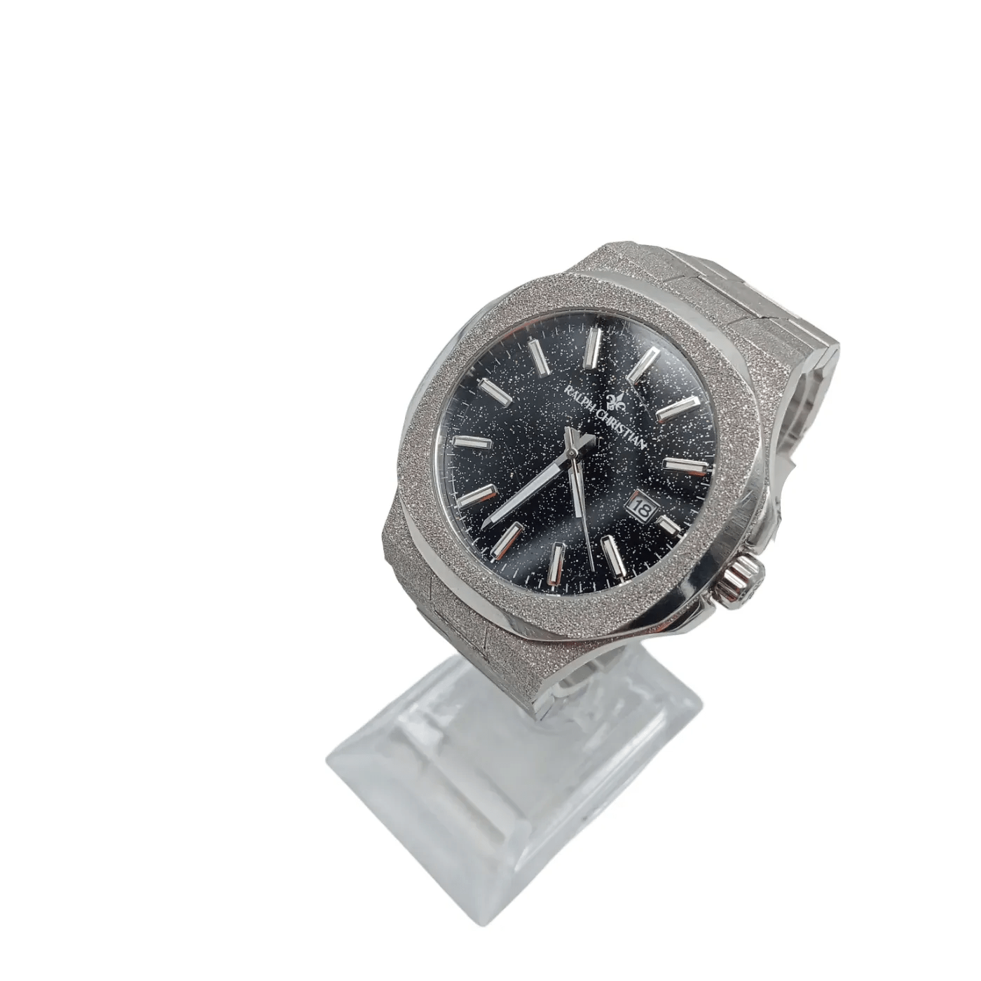 RALPH CHRISTIAN MEN’S WATCH – SILVER STAINLESS STEEL BAND, BLACK CIRCLE FACE (158.3g, 5ATM) (WR)