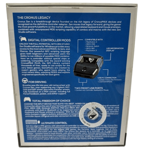 Cronus Zen Controller Converter CM00053, Blue/Black, Very Good Condition, With Box, Instructions, 2x Micro USB Cables + 1x Mini USB Cable (LE 1347753)