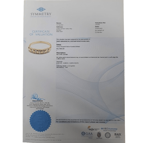 Ladies 9ct Yellow Gold Brilliant Cut Diamonds Bar Channel Set 0.87ct TDW T Band With Valuation (MR)