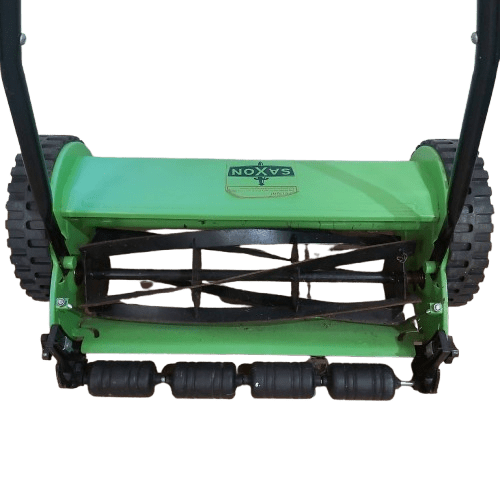 **LOCAL PICK UP ONLY** Saxon Lawn Mower, Green, With Mesh Catcher, Average Condition **LOCAL PICK UP ONLY**