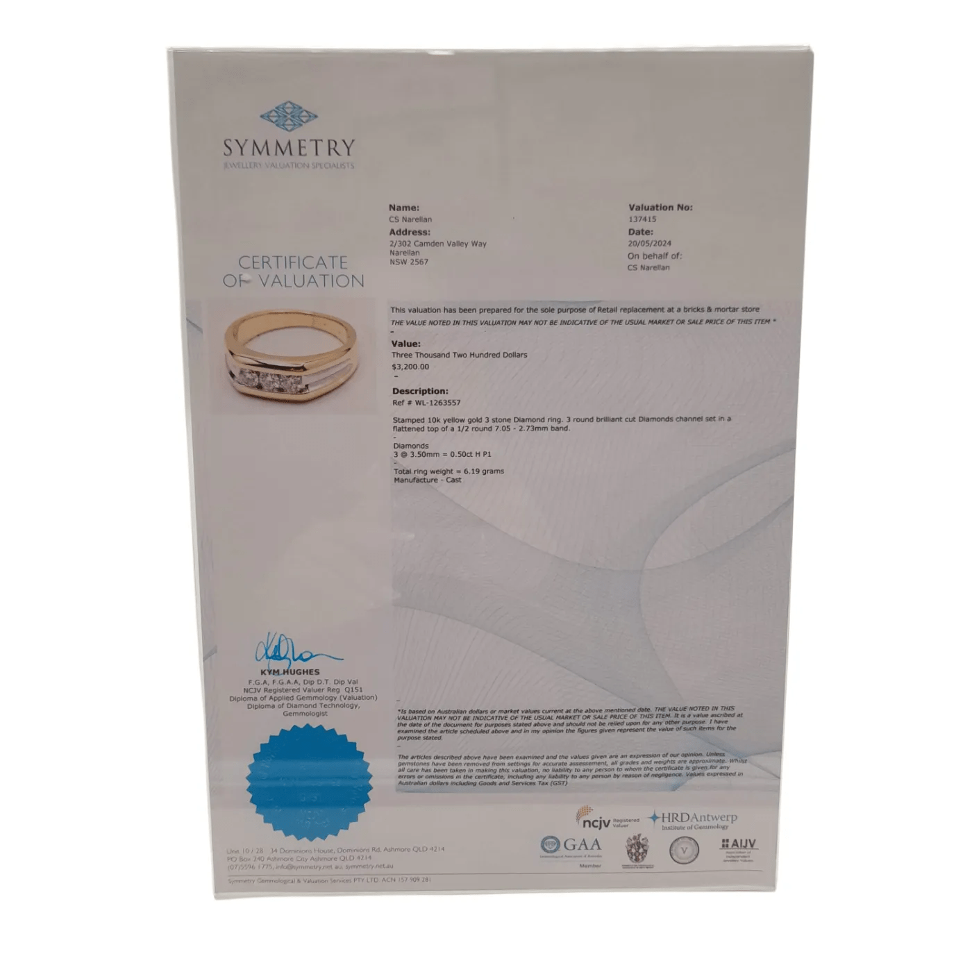 Mens 10K Yellow Gold Diamond Ring With 3 Diamonds 0.50CT TDW Q 8 With Valuation (WL)