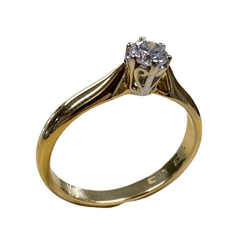 Ladies 18ct White & Yellow Gold Stone Diamond Ring. Single Round Brilliant Cut White Gold 6 Claw Set With Tapered Scroll Pierced Out Collet With Pointed Swept Up Shoulders. TDW 0.31ct. Size M/6.5, With Valuation Certificate (NG 99365)