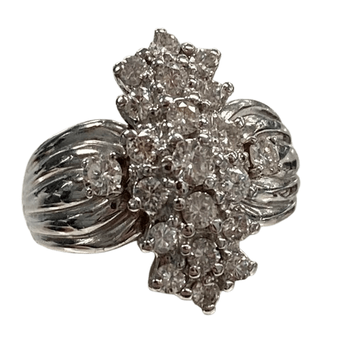 Ladies 9ct White Gold Diamond Cluster with 21 Round Brilliant Cut Diamonds in Shared Claw Settings. TDW 1.07ct. Size P. With Valuation Certificate.